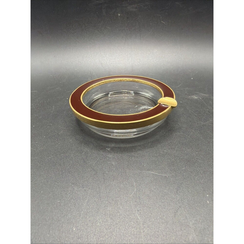 Ashtray Mid Century Enamel & Brass, Rare , Red Brown Enamel & Clear Glass Bottom